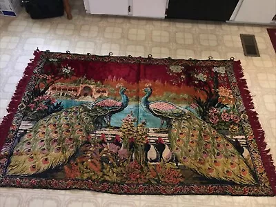 Vintage Velvet MCM Tapestry Wall Hanging Carpet Colorful Peacock 75 X 45” Fringe • $29.50