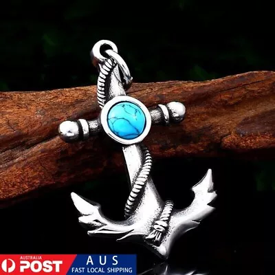 Au Men Titanium Turquoise Anchor Vintage Retro Pendant Stainless Steel Necklace • $28.13