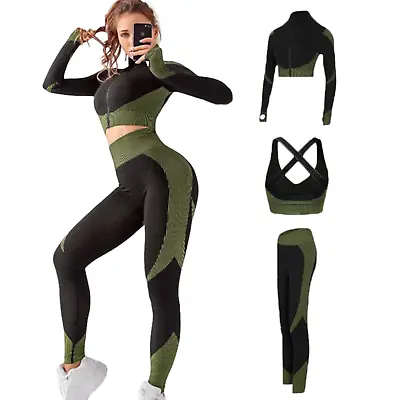 Women Yoga Set Zipper Top Sport Suit Bra Workout Clothes Gym Fitness • $35.88