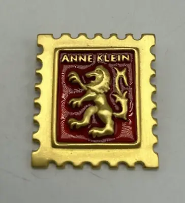 Vintage Anne Klein Brooch Logo Lion Gold Tone Red Stamp Shape 1 3/4  Tall • $14.99