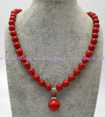 Natural 10mm South Sea Red Coral Round Gemstone Beads Pendant Necklace 18'' AAA • $5.85