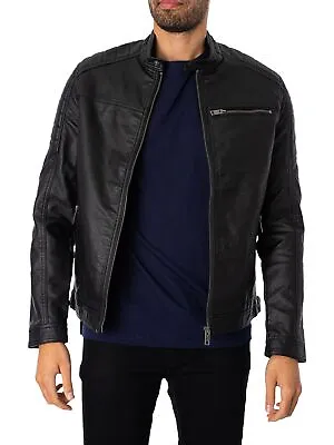 Jack & Jones Men's Rocky Leather Jacket Black • £46.95
