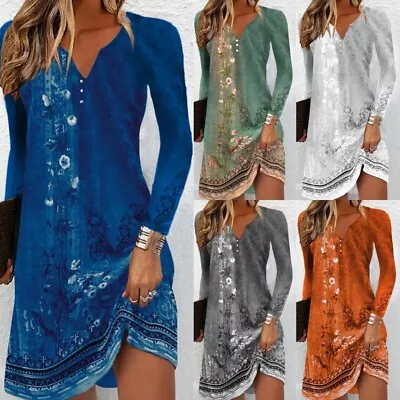 Women V Neck Long Sleeve Mini Dress Ladies Floral Casual Loose Dresses Size 6-16 • £13.09