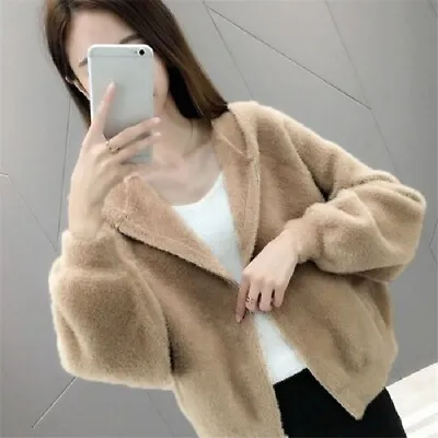 Womens Outwear Faux Fur Hoodie Zipper Jacket Loose Short Coat  Korean Fashion • $86.04