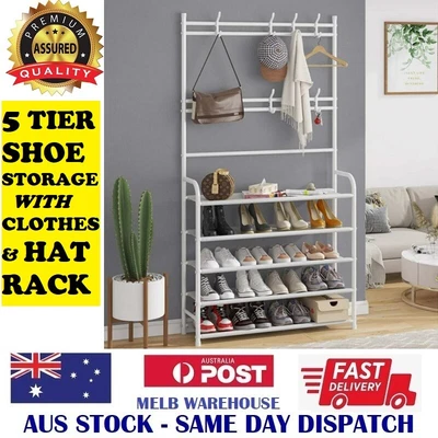 $34.95 • Buy Premium 5 Tier Shoe Rack 3 In 1 Metal Clothes Coat Garment Hat Hanger Organiser 