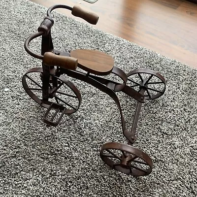 Vintage Rustic Metal Tricycle Home Decoration With Wooden Seat - Working Pedals • $20