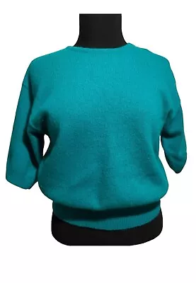 VTG Chaus 80s /90s Turquoise Sweater Medium Lambswool Angora 3/4 Sleeve Vintage • $42