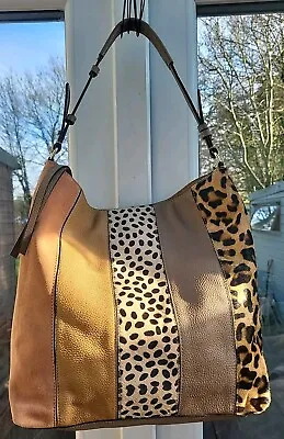  NEXT Large  Taupe Tan Leopard Print Genuine Leather Tote Shoulder Bag  - VGC  • £29.50