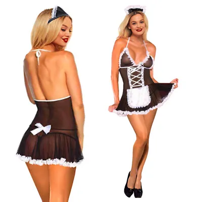 French Maid Sexy Lingerie Mesh BDSM Cosplay Uniform Outfit Lace Up Dress  • £6.99