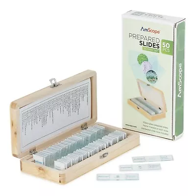 Amscope 50pc Prepared Glass Microscope Botany Slide Specimens With Wooden Case • $29.99