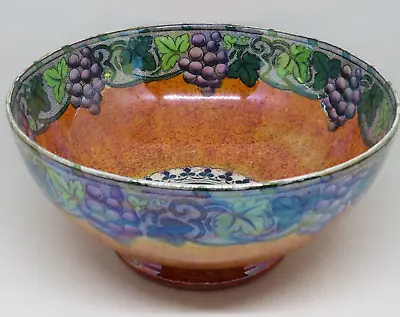 Maling Chelsea Shape Orange Lustre Bowl Grapes And Butterfly Pattern C.1930 • £40