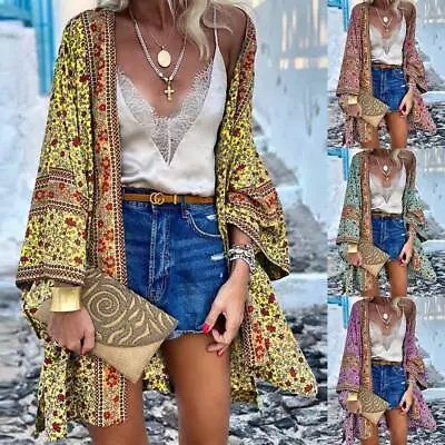 Women Boho Floral Kimono Cardigan Bohemian Shawl Beach Cover Up Tops Blouse Coat • $29.49