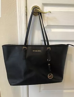 Michael Kors Large Jet Set Travel Tote Shoulder Bag Black Handbag Leather Purse • $84