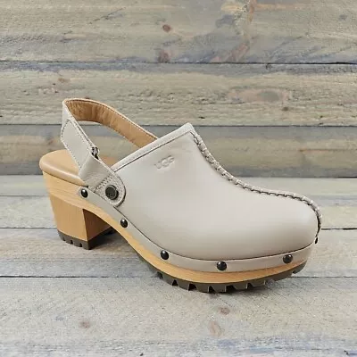 UGG Lanni Chunky Wooden Heel Slingback Clog Tan Beige Leather Women's Sz 7 NWT • $79.99