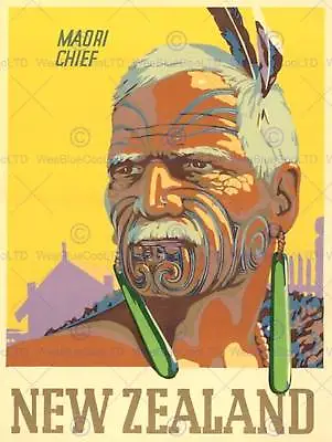 Tourism New Zealand Maori Chief Tattoo Native Feather Art Poster Print Cc6923 • £11.99