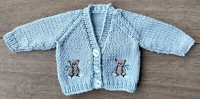 Prem Premature Baby Cardigan COTTON Hand Knitted Blue With Teddy Embroidery • £7.50