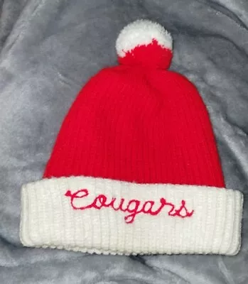 Vintage 70s Cougars Team Snowmobile Knit Ski Winter Cap Stocking Pom Hat Red • $19.95