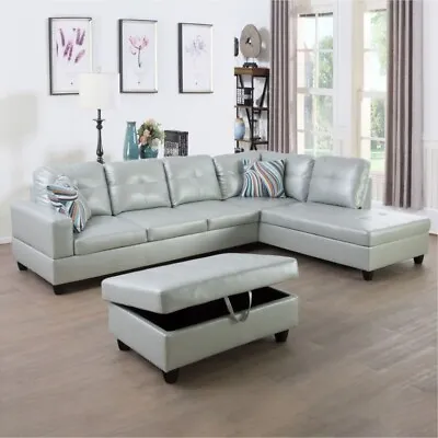 L-Shaped Sectional Sofa Set PU Leather Living Room Couch Storage Ottoman Green • $742.43