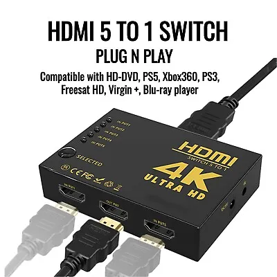 4K HDMI Switch Switcher 5 Port Splitter Hub IR Remote For HDTV PS3 5 In 1 Out • £6.99