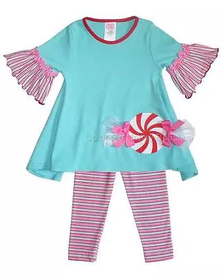 New Girls Boutique Peaches N Cream 12m Aqua PEPPERMINT Holiday Outfit Christmas • $51.95