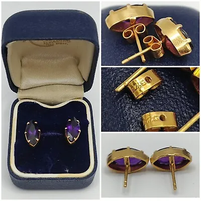 DIVINE ANTIQUE 22ct GOLD STAMPED NATURAL AAA 2ct MARQUISE AMETYHST EARRINGS. • £160