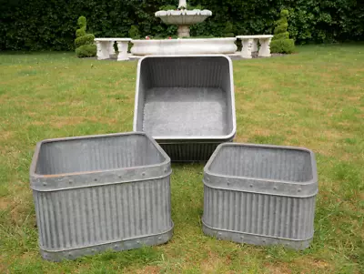 Vintage Style Galvanised Ribbed  Planters TubsRustic Aged Garden Patio Plants  • £27.95