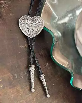 Silver Heart Bolo Tie - Handmade Western Gifts For Him Leather Necktie Accessor • $29