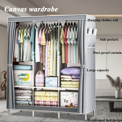 LOEFME Canvas Fabric Wardrobe Large Clothes Storage Cupboard W/ Hanging Rail UK • £18.49