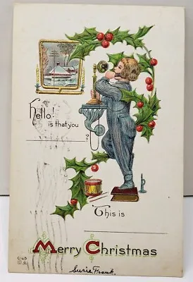 Merry Christmas Child Candlestick Phone Hollyberry Embossed 1913 Postcard E10 • $9.95