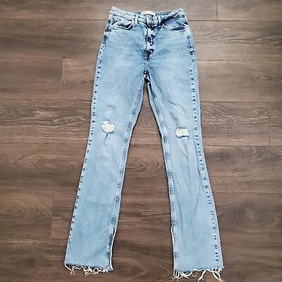 Zara Straight Split Raw Hem Jeans Women's 6 High Rise Light Wash Denim 26x33.5 • $19.99