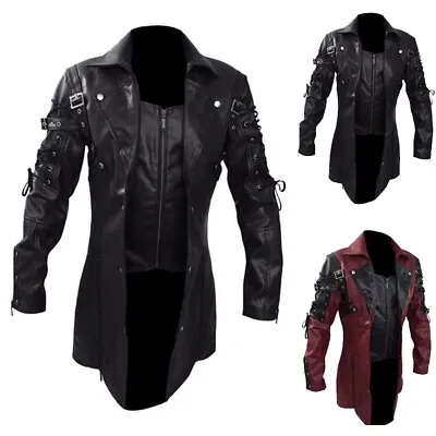 Mens Steampunk Gothic PU Leather Trench Outwear Motorcycle Biker Jacket Overcoat • $72.49