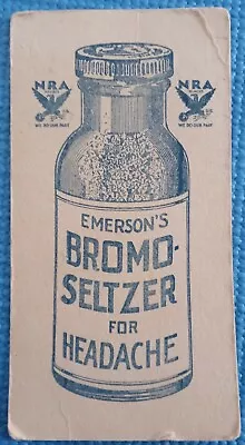 Emerson's Bromo-Seltzer For Headache NRA Member Vtg 3x6 Trading Card Slight Bow • $12