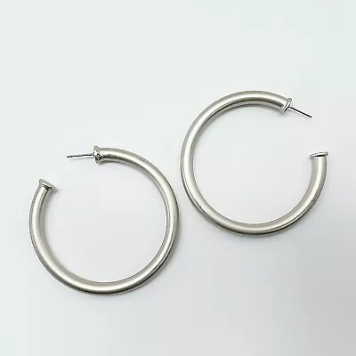 Vintage Retro Matte Silver Colored Metal Open Round Circle Shape Hoop Earrings • $9.99