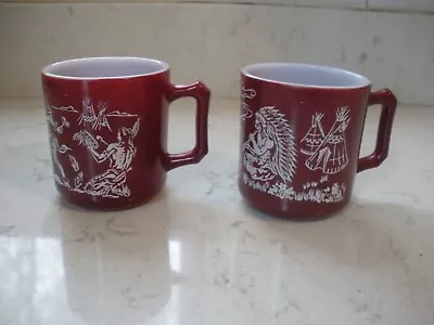 Vintage Hazel Atlas Childs Indian Mugs/Cups Milk Glass Native American LOVELY • $11.99