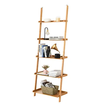 5-Tier Ladder Shelf Bamboo Bookshelf Wall-Leaning Storage Display Plant Stand • £41.95