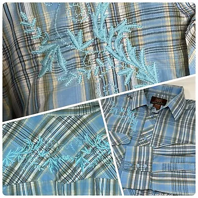 Painted Mesa Pearl Snap Shirt Men Large Western Blue Plaid Embroidered Rodeo Vtg • $11.20