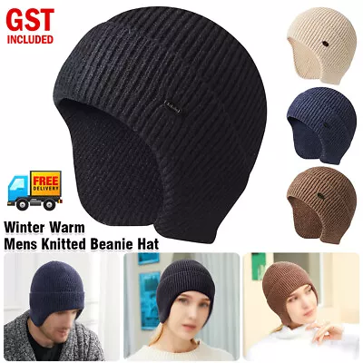 Winter Warm Mens Knitted For Beanie Hat With Earflaps  Outdoor Ski Skull Cap • $12.29