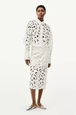New H&M Satin Midi Skirt W/ Eyelet Embroidery White Size 0 • $119.99