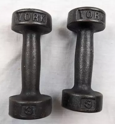 Vintage Set Of 2 York 3 LB Pound Dumbbells Roundhead Pair 6 LB Total Black • $21.95