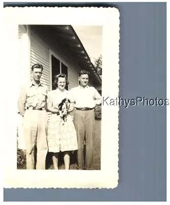 Found B&w Photo H_7905 Young Woman Holding The Cutest Dog Flanked By 2 Young Men • $6.98