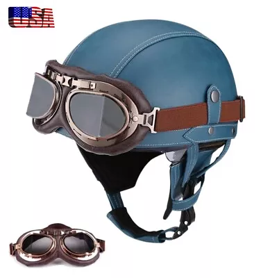 Leather Vintage Motorcycle Retro Half Helmet Beanie Scooter Cruiser W/Goggles US • $47.99