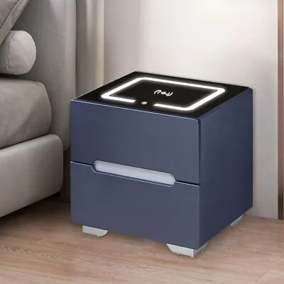 LED Bedside Cabinet Table Wireless Charging 2 Drawers Bedroom Nightstand Grey • £69.99