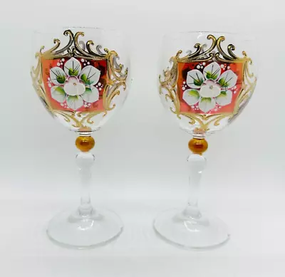 VTG Czech Bohemian 24k Gold Gilted Enamel Hand Painted Flowers ~ Wine Glasses • $49.99