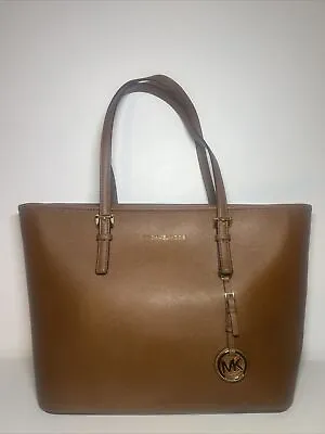 Michael Kors Jet Set Large Shoulder Tote Camel Tan Leather Gold Charm Laptop Bag • $129.99