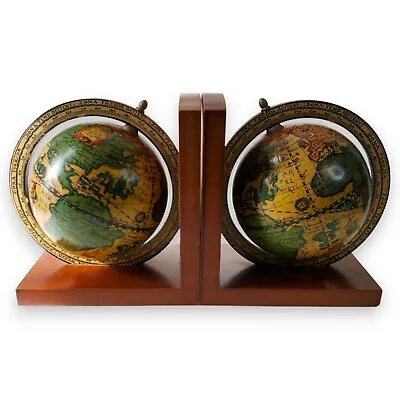 VTG Wooden Bookends Rotatable Globe Old World Map Felt Bottom 6.5  Tall 7  Wide • $21.24