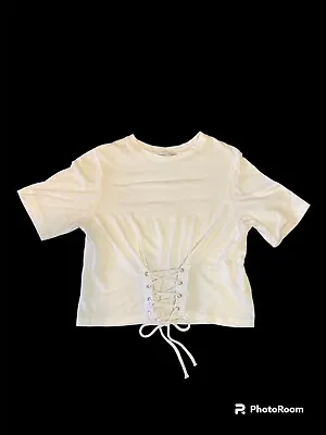Zara White Solid Casual Cropped Corset Style Tie Front Crew Neck Shirt Size M • $12