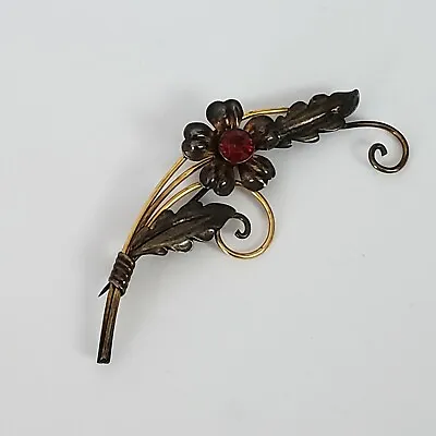 Vintage Brooch Flower Branch Red Designer Van Dell 1/20 12kt Gf On Sterling Pin • $15