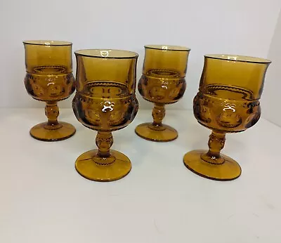 Vtg Indiana Amber Glass Kings Crown  Thumbprint  Drinking Footed Goblets Set/4 • $23.95