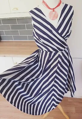  Size 18 Cotton Blue White Stripe Skater Dress Breton Pockets Nautical Sailor  • £24.99