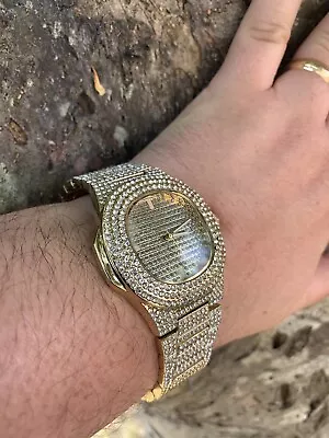 Men’s Gold Chunky Bling CZ Crystal Watch Hip Hop Brand New • £24.99